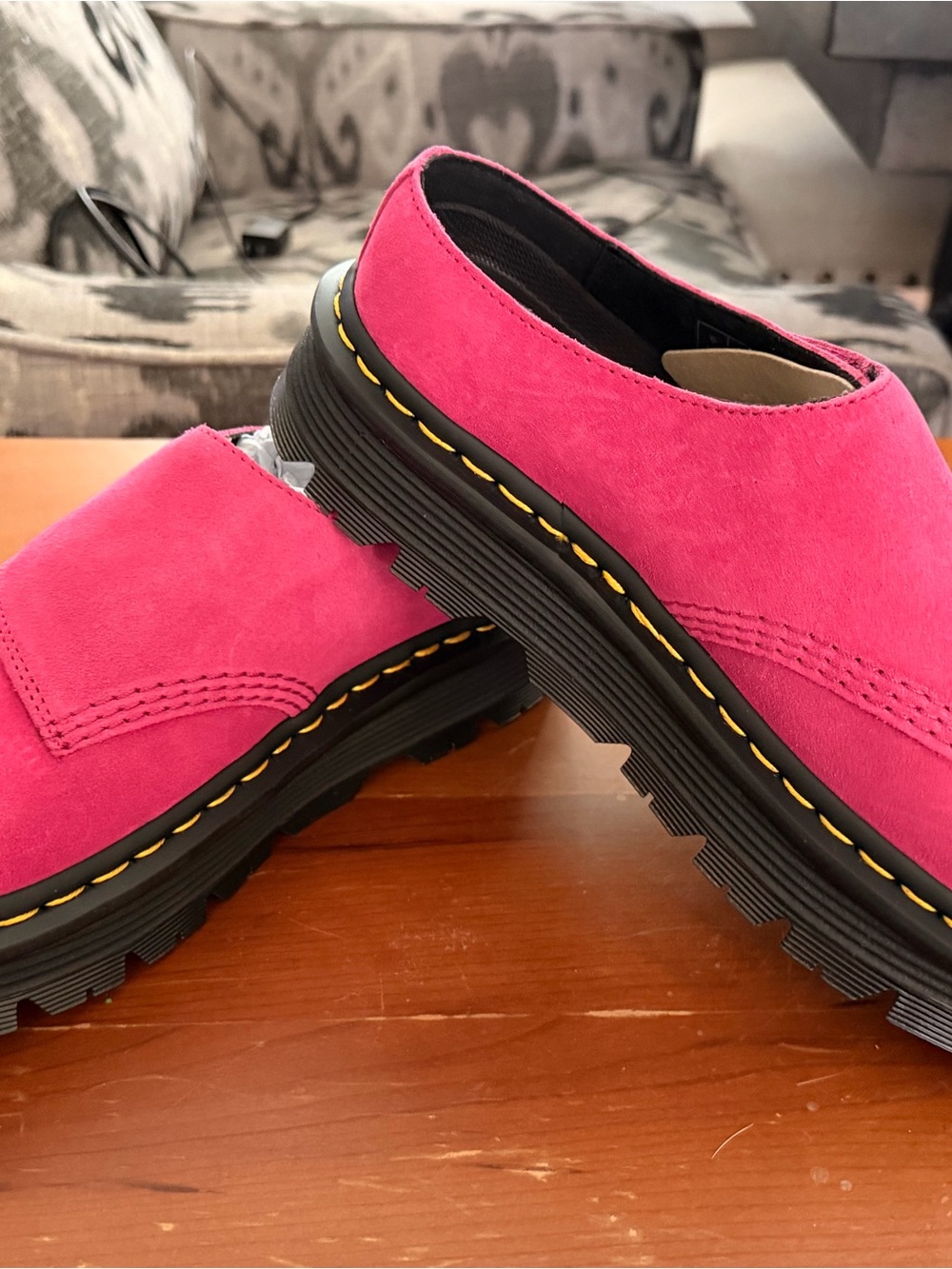 Dr. Martens Hot Pink Suede Chunky Lug Mules with Yellow Stitching